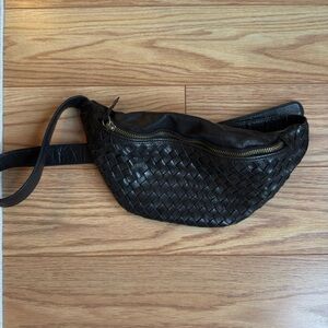 Black Woven Leather Crossbody Belt Bag